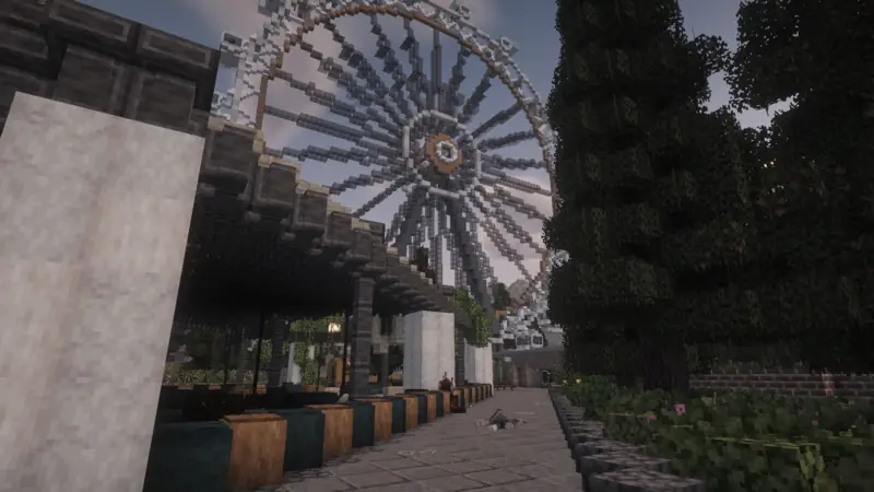 Abandoned ferris wheel and carnival stalls