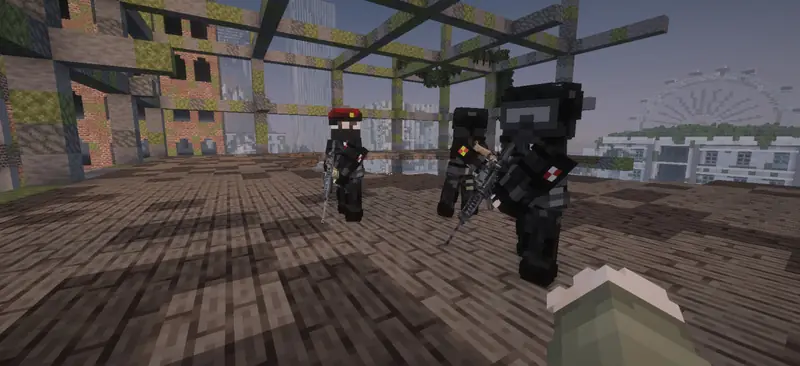 Umbrella task force soldiers moving through a ruined rooftop
