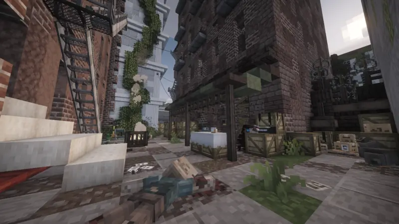 Narrow overgrown alley between brick apartment buildings